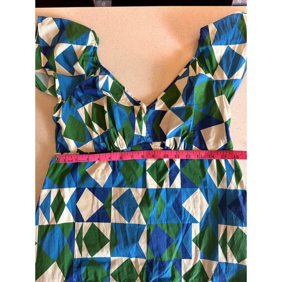 FARM RIO Medium Tiered Maxi Dress Carmelita Geometric Blue Green Ruffle - Picture 7 of 9